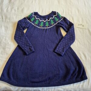Hanna Andersson girls size 130 or 8 navy blue sweater dress with tree design EUC